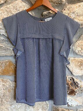 Airy Blue White Striped Ruffle Sleeve Feminine Blouse sz M